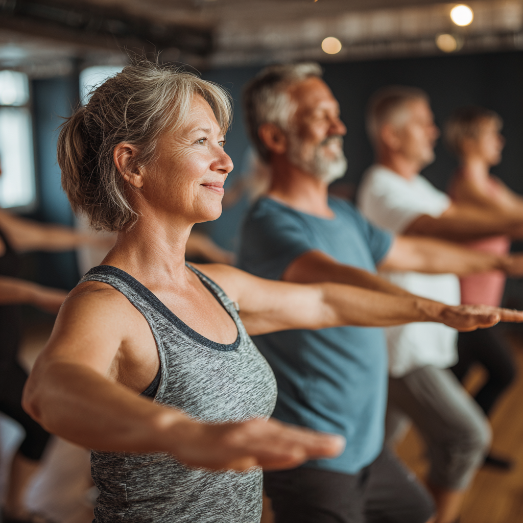Group of middle-aged adults participating in wellness fitness class with professional instructor