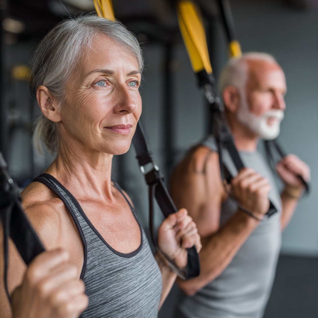 Mature adults enjoying functional fitness training in modern gym environment